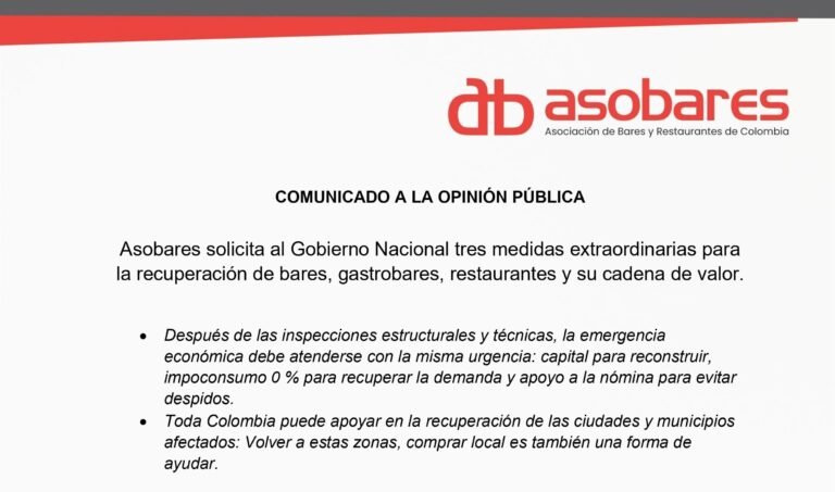 Asobares solicita al Gobierno Nacional tres medidas focalizadas